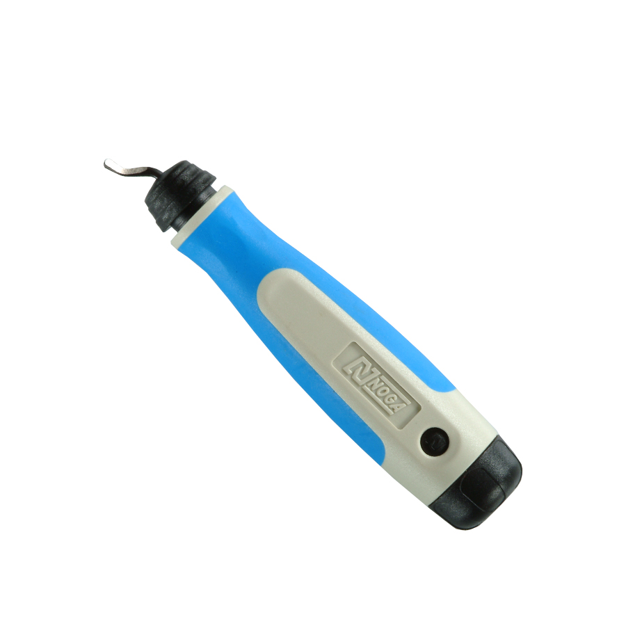 Rebarbador Mágico NOGA Magic Burr 4 NG2004 com cabo NogaGrip azul e lâminas N1, N2, N3 e N6 — rebarbador para furos cruzados e cantos de difícil acesso, fornecido pela Hebron Ferramentas