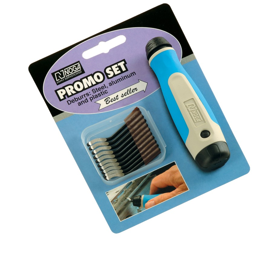 Kit Promocional NOGA NG8150 Promo Set com cabo NogaGrip-1 e 10 lâminas S10 para rebarbação de aço, alumínio e plástico — fornecido pela Hebron Ferramentas