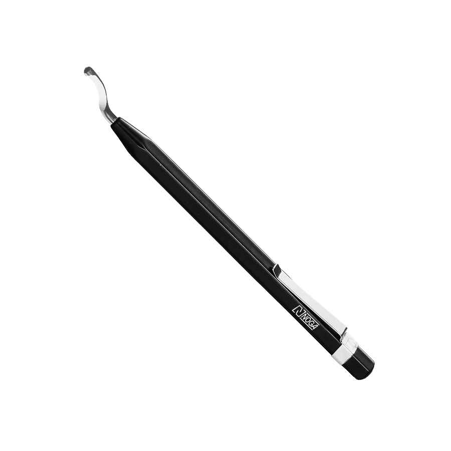 Tira-Rebarba NOGA Edge Off EO1000 com cabo hexagonal de alumínio preto, clipe de bolso e lâmina S10 — rebarbador descartável portátil para rebarbação rápida em manutenção industrial, fornecido pela Hebron Ferramentas